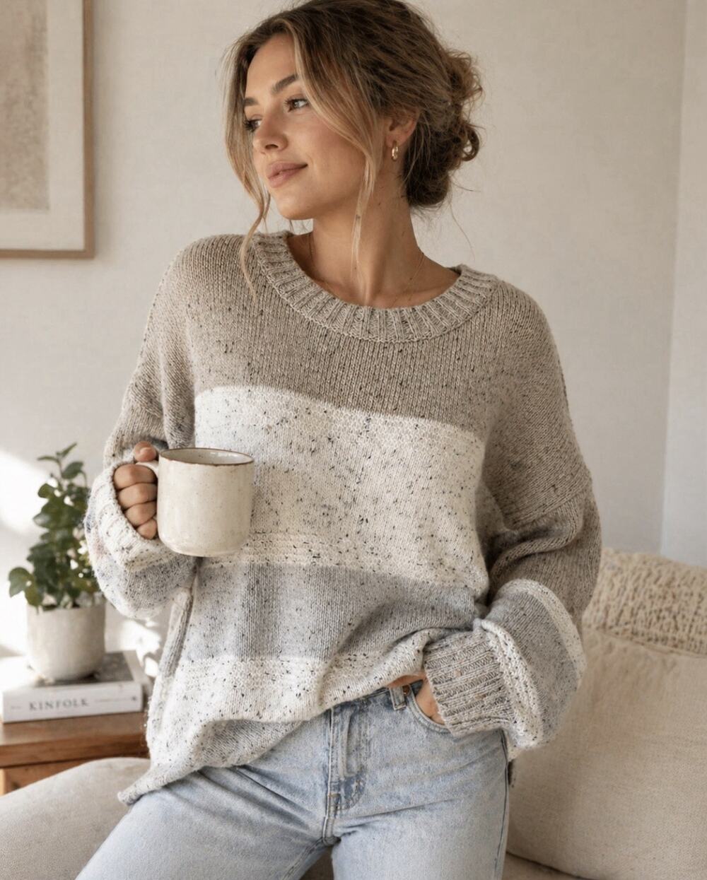 NWT Lulus Chunky Knit Sweater Neutral Colorblock Cozy Oversized Size Large
